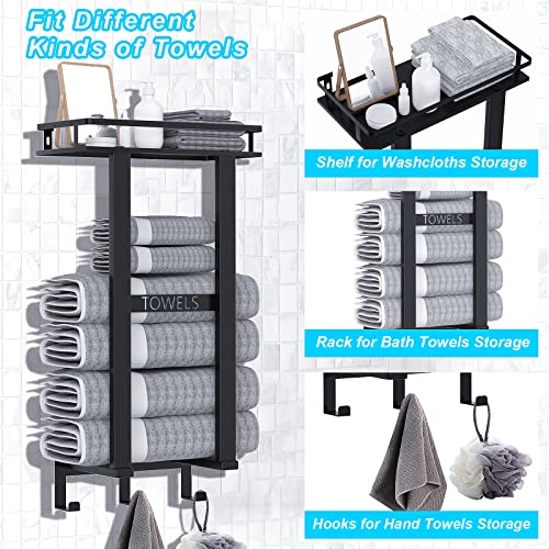 Kecio Towel Rack For Bathroom Wall Mounted, Towel Rack With Metal Shelf And 3 Hooks, Metal Towel Holders, Rolled Bath Towel And Hand Towels Holder Storage And Organization For Rv, Camper, Black #TOP1