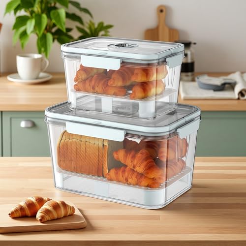UESJKHOA 2 Pack Airtight Bread Box for Homemade Bread - Sourdough Bread Storage Container with Time-Tracking Lid, BPA-Free Bread Keeper for Kitchen Countertop,Freshness Tracker for Loaf & Bagel