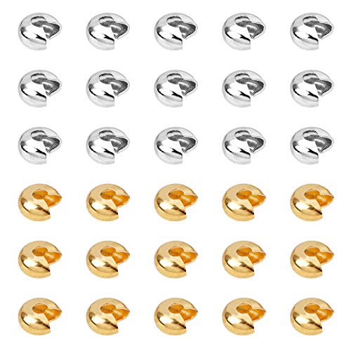 arricraft 200 Pcs Brass Crimp Beads Covers, 2 Colours 6mm Round Beads Covers for DIY Jewellery Making Hole:1mm
