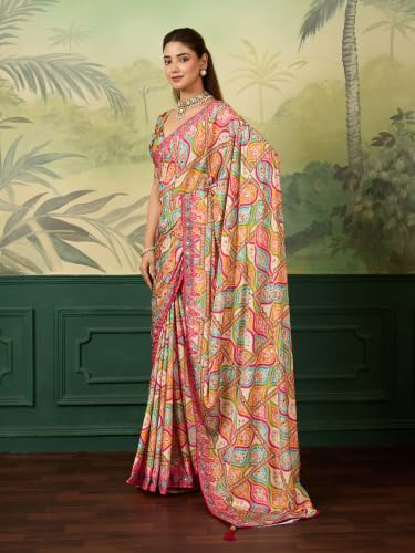 Image of Multi-Color Paisley Print Saree for Women | Fancy Mirror Work Traditional Saree with Blouse Piece