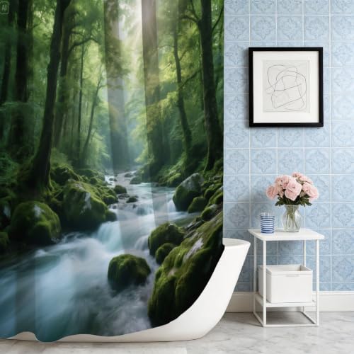 Rideau de douche 180x200 jungle en tissu polyester imperméable cascade 3D avec anneaux - 5