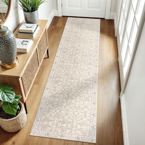2x8 Cream Beige White Grey Washable Runner Rug for Hallways, Soft Classic Kitchen Rugs with Non-Slip, Non-Shedding Distressed Floral Rug for Hallways Entryway Bedroom Bathroom Laundry Indoor