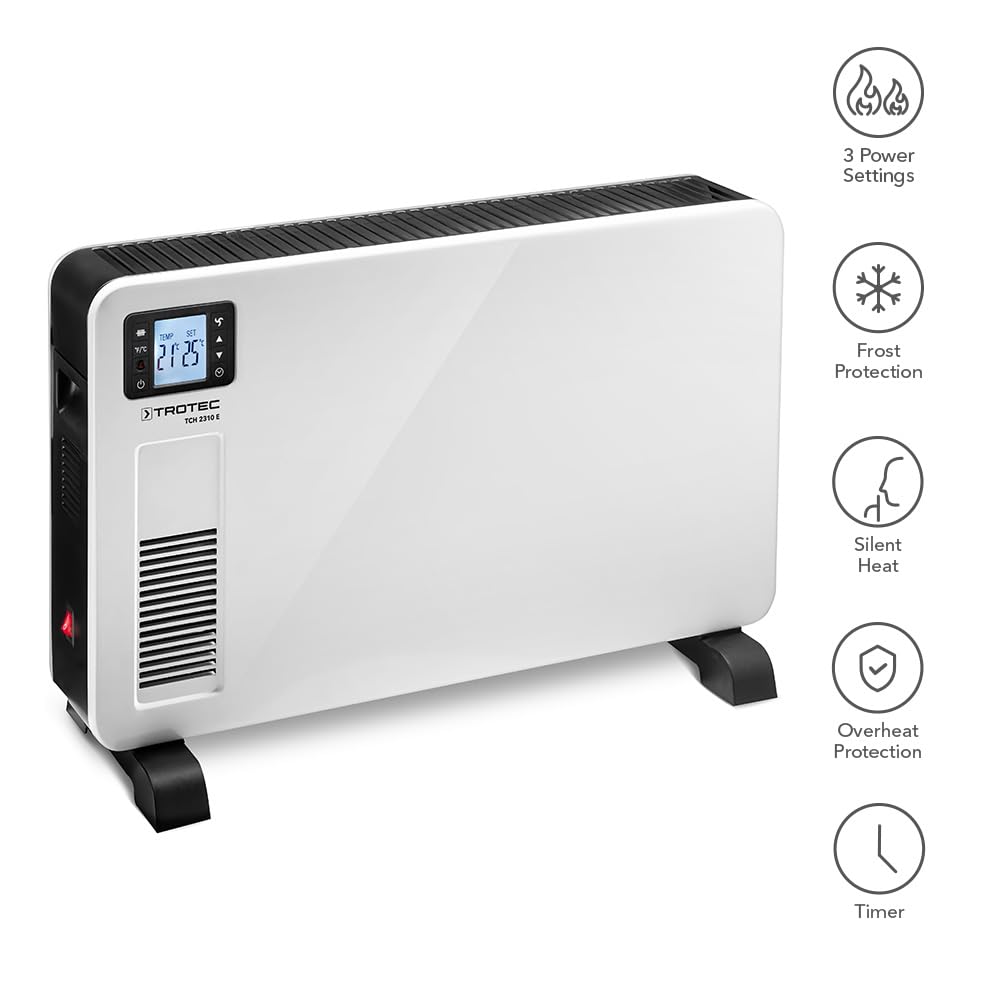 TROTEC Konwektor TCH 2310 E Designerski grzejnik elektryczny moc 1000 W / 1300 W / 2300 W dla pomieszczeń do 27 m² / 67 m³ przenośny i energooszczędny, biały