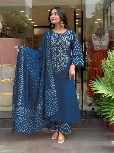 Image of GoSriKi Kurta Sets for Women Rayon Viscose Bandhani Printed | Kurti Set for Woman | Kurta Pant Dupatta Set | Straight Kurti | Round Neck 3 /4 Sleeve Suit Set for Women Stylish Ethnic Outfit