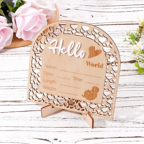 Image of Baby Announcement Sign, 5.5 Inch Wooden Birth Announcement Board Hello World Welcome Newborn Sign Arch Shape Baby Name Sign for Girl Boy Photo Prop Baby Shower Nursery Hospital