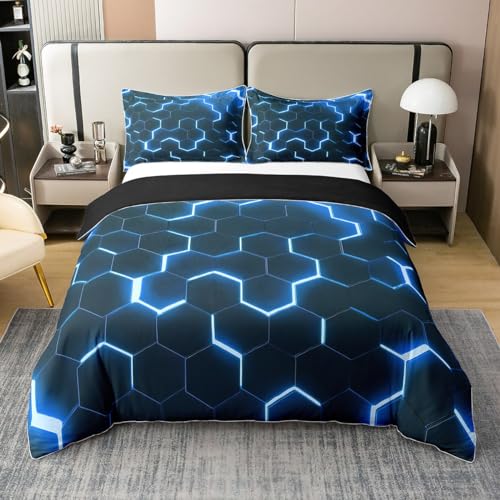 Homewish Housse Couette 200x200 Géométrique, Ensemble de Literie Nid d'abeille Bleu Noir Néon Clair pour Ados, Housse Couette Géométrique Hexagonal, Parure de Lit...