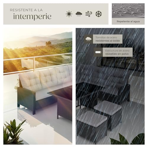 tectake® Conjunto Jardín de Ratán con Mesa y Cojines, Conjunto Terraza Resistente a la Intemperie y Combinable, Muebles Jardín Exterior 5 Piezas, Sofá de Esquina, 2 Taburetes y 1 Mesa, Acero - Negro - imagen 8