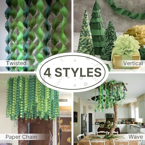 Image of PartyWoo Crepe Paper Streamers 6 Rolls 492ft, Pack of Dark Green, Green, Light Green, White Sand and Gold Party Streamers for Birthday Party Decorations, Wedding Decorations (1.8 Inch x 82 Ft /Roll)