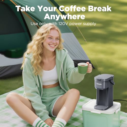 Image of Tastyle Single Serve One Cup Coffee Maker, for K Cups and Grounds, Mini Coffee Maker with Portable Handle, 6 to 12 Oz Brew Size, for Travel, Camping, Office, RV and Dorm, 120V, Cool Gray