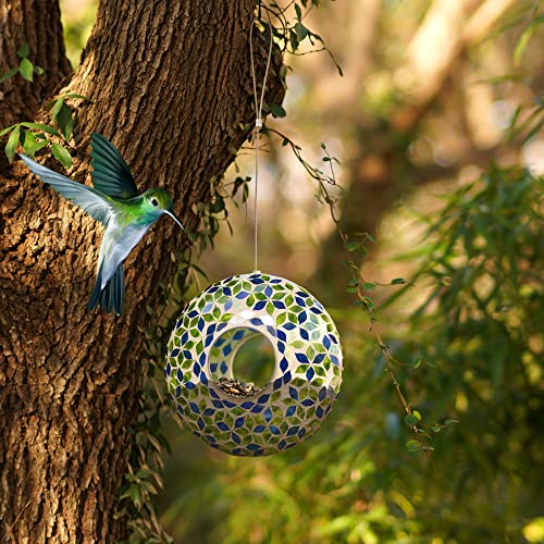 Mosaic Bird Feeder, Outdoor Fly Through Wild Hanging Bird Feeders With Mosaic Glass Design Round Bird Feeder For Garden, Yard, Backyard, Deck And Porch Decor, 9 Inch,Leaf #TOP2