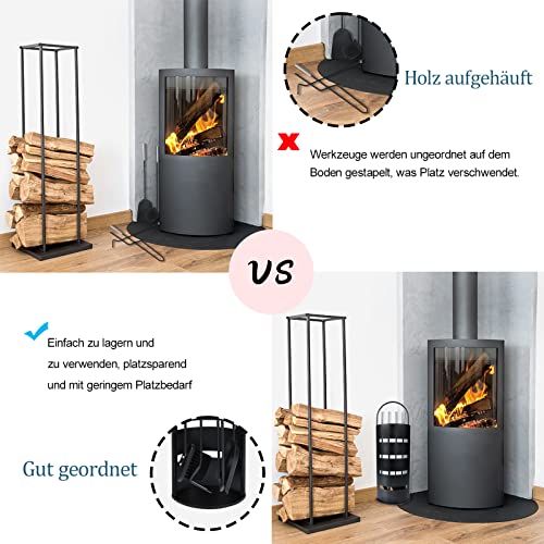 Aufun Kaminbesteck Edelstahl 5-teilig Modern Kamin Zubehör Set Kamingarnitur inkl. Besen, Schaufel, Schürhaken, Zange und Ständer mit Sichtschutz, Schwarz – Bild 6