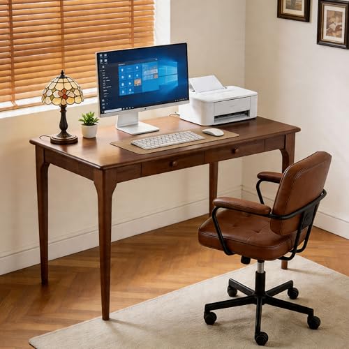 KTVVKTVV Natural Solid Wood Desk with Drawers,Mid Century Modern Real Wood 47' Writing Desk,Home Bedroom Computer Office Workstation Desks,Small Spaces,Walnut Color