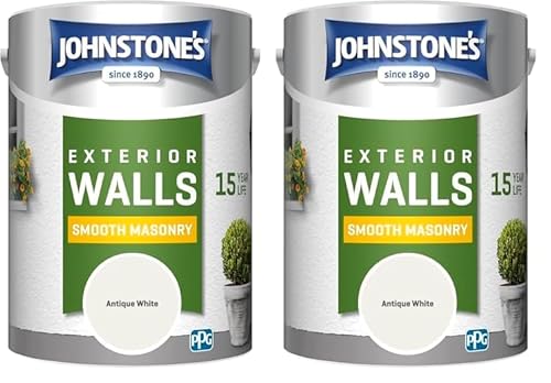 Johnstone's, Exterior Smooth Masonry Paint, Antique White, Up to 15 Years Protection, Weather & Dirt Resistant, 60m² Coverage Per Tin, Dry in 1-2 Hours, 5L (Pack of 2)