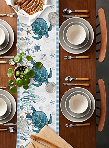 Coffee Table Runner - 48 Inches Long, Ocean Turtle Dresser Scarf Dining Tabletop Décor for Kitchen/Farmhouse/Holiday, Blue Summer Beach Nautical Coastal Starfish Coral - Image 5