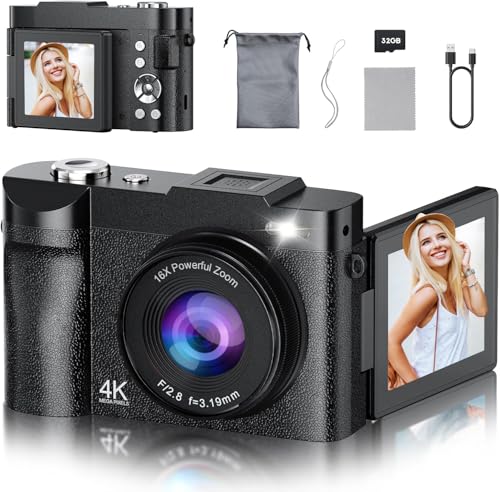 Camara De Fotos 4K: Maxmango 48 MP Cámara Digital Compacta con Pantalla Flip De 180° De 2,8', Autofocus Vlogging con 32GB, 16X Zoom, para Principiantes Niña Niños Chico Adolescentes