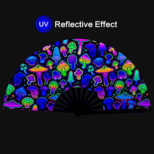 Raveahem UV Glow Rave Fan, Bamboo Folding Clack Hand Fan for Men Women (Mushrooms, Large 13")