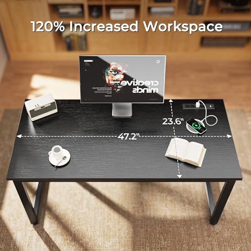 Huuger 48 x 24 inch Desk with Power Outlets & USB-C, Deeper & Thicker Desktop, Robust Metal Tubes, Computer Desk, Heavy Duty Office Desk, Work Gaming Desk for Home Office, Black