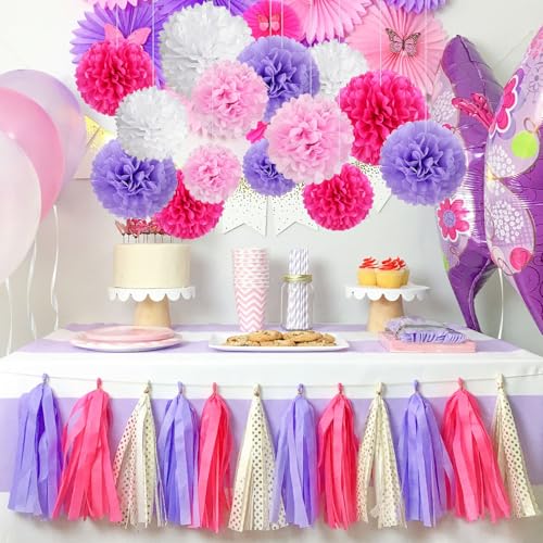 Image of 20 PCS Tissue Paper Pom Poms, Tissue Pom Poms Flowers, Sizes of 6 inch, 10 inch, 12 inch, 14 inch Hanging Paper Flower Ball for Wedding, Birthday, Halloween, Christmas, Baby Shower Party Decor (Pink Purple White)