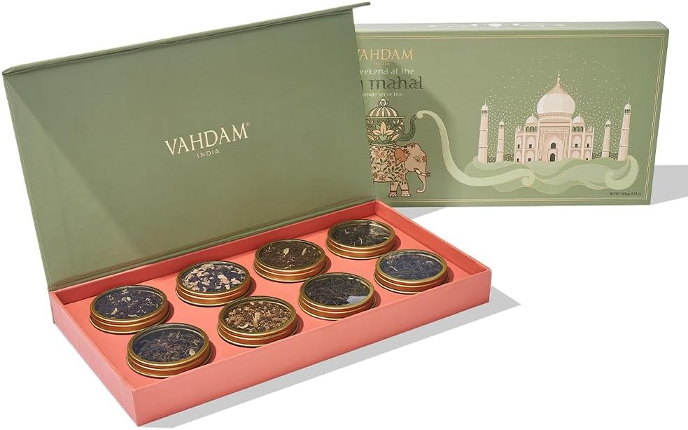 Weekend In Taj Mahal Tea Gift Set Travel Edition Gift Box | 8 Varieties - Chai, Black, Herbal Tea | Gluten Free, Non GMO | Gifts for Women & Men