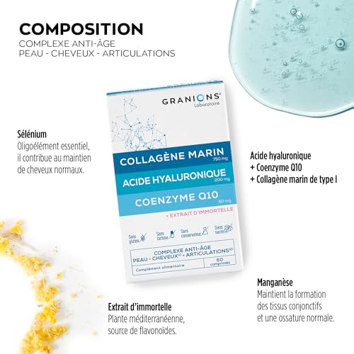COLLAGENE et Acide Hyaluronique - GRANIONS Collagène N°1 en Pharmacies- Collagene Marin Peau, Cheveux, Articulations, Ongles - Coenzyme Q10 - Acide Hyaluronique - 60 Comprimés - 1 mois – Image 5