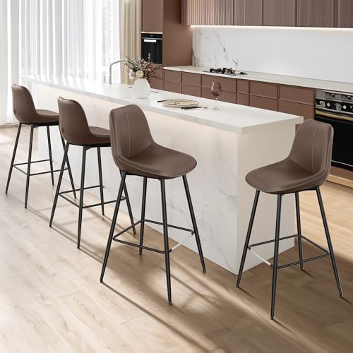 Image of VASAGLE Bar Stools Set of 4, Bar Height Bar Stools with Back, Ergonomic Backrest, Synthetic Leather, Metal Legs, 28.5-Inch Tall Barstools for Kitchen Island Home Bar, Easy Assembly, Coffee Brown