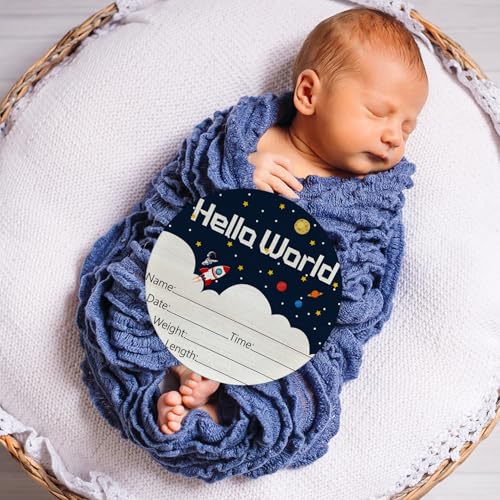 Image of Birth Announcement Sign Hello World Baby Name Wood Spaceship Theme | Round Wood Plaque with Stars & Spaceship Design, Custom Name Date Weight Length Great for Nursery Wall Baby Shower Gifts