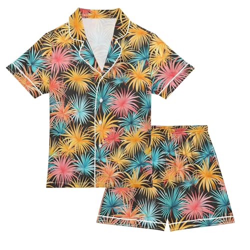 ALAZA Colored Palm Tree Black Satin Pajamas Set Short Sleeve Button Down Sleepwear Summer Pjs 2 Piece