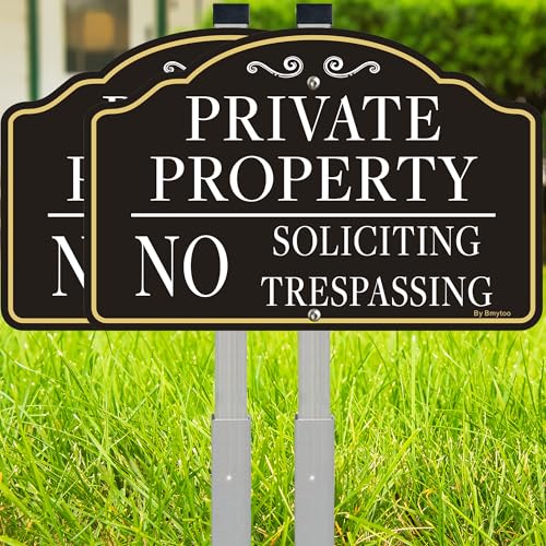 2Pack Private Property No Trespassing Sign No Soliciting Sign for House and Yard -12 x 8 Rust/Fade-Free Aluminum with 28 Inches Long Stake