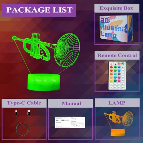 Image of Trumpet Night Light, Trumpet Gifts, 3D Illusion Lamp with 16 Colors Changing, Timer, 4 Flash Modes and Dimmable, Kids Boys Girls Room Decoration, Holiday Xmas Gifts