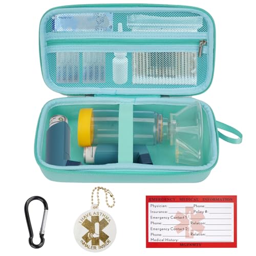 Image of MGZNMTY Travel Carrying Case Compatible with Asthma Inhaler Spacer for Adults and Children, Masks, Inhaler Holder with Asthma Alert Tag and Medical Card, Carabiner (Only Case) (Green)