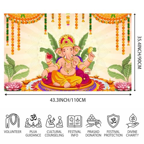 Image of Pooja Ganpati Decoration Banner Indian Puja Cloth Items Backdrop Traditional Chatiya Ganesh Mehndi Photography Background Wedding Festival Party Marigold Garlands Photo Booth 70.8x35.4inch