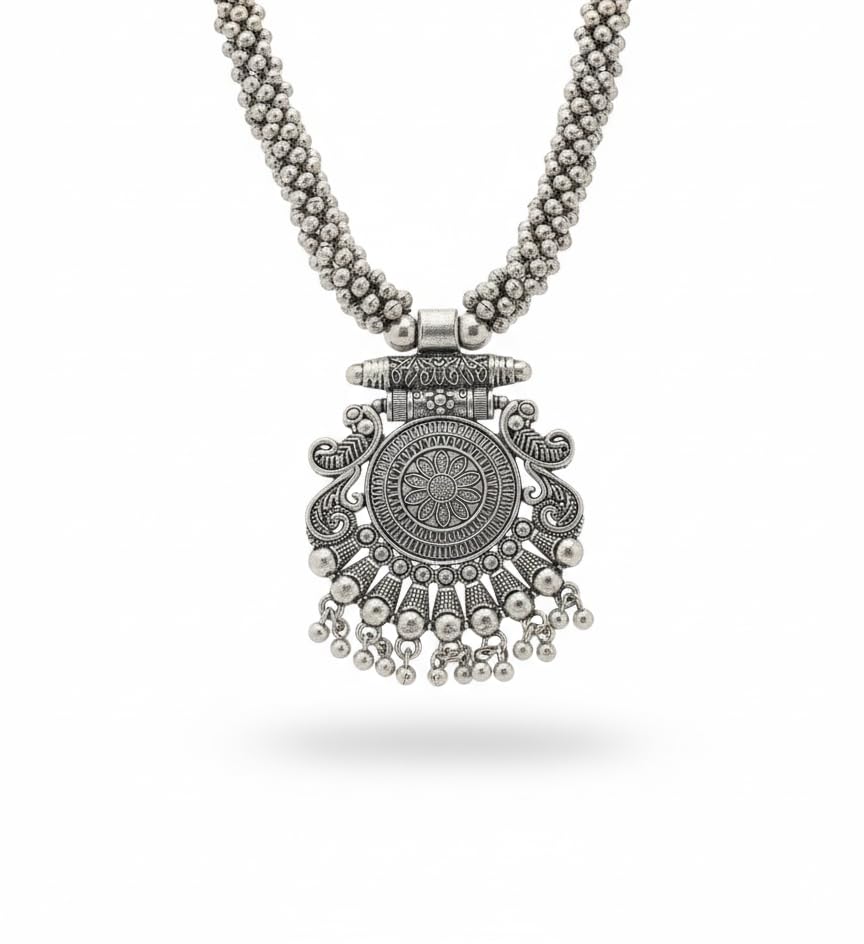 Image of Oxidised Long Necklace and Earrings Set | Traditional Ethnic Tribal Design | Dual-Layer Beaded Chain with Circular Pendant | For Women and Girls