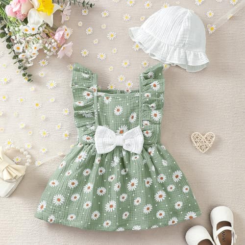 JENJON Robe d'été Bébé Fille Manches à Volants Bohème Casual Imprimé Cœurs/Fleurs Robes pour Enfants Adorable Ensemble Tenue avec Chapeau Marguerites Vertes 2-3 Ans – vue 2