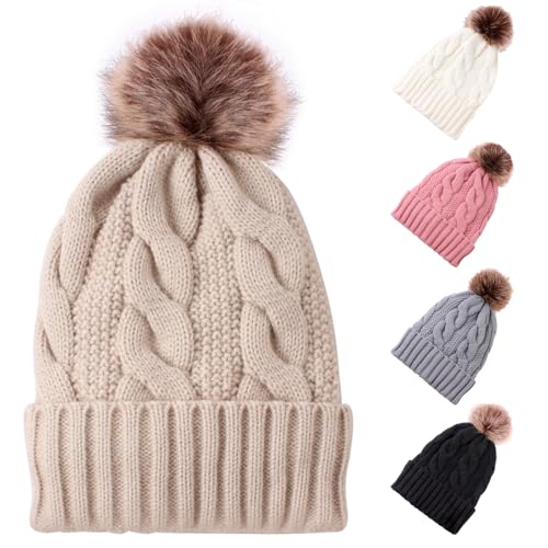 Women Winter Warm Beanie Hat Knitted Cap with Pompom Snow Knit Skull Ski Cap for Women Girls (Beige)