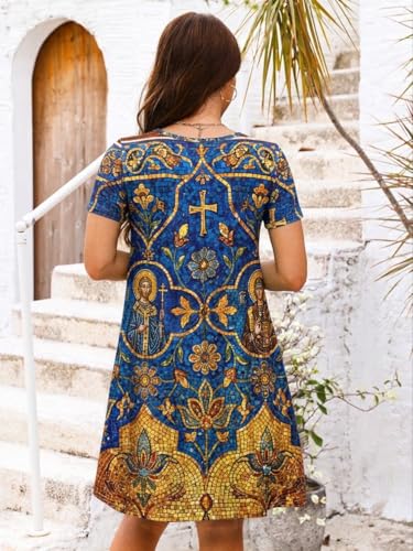 Image of Heymoments Women's Short Sleeve Crewneck Sundress Summer Casual A-Line Beach Dress with Pockets S-2XL