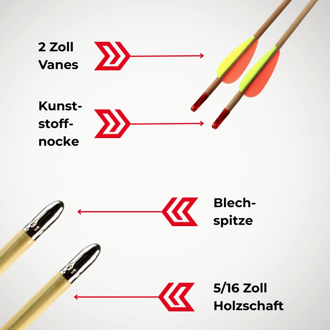 10x Old Wood Traditionelle Holzpfeile Set, 5/16 Zoll Schaft, 26 Zoll Längen, 2,6 Zoll Kunststoffbefiederung, Kunststoffnocken, abgerundete Blechspitzen, für Recurve und Compound bis 30 lbs