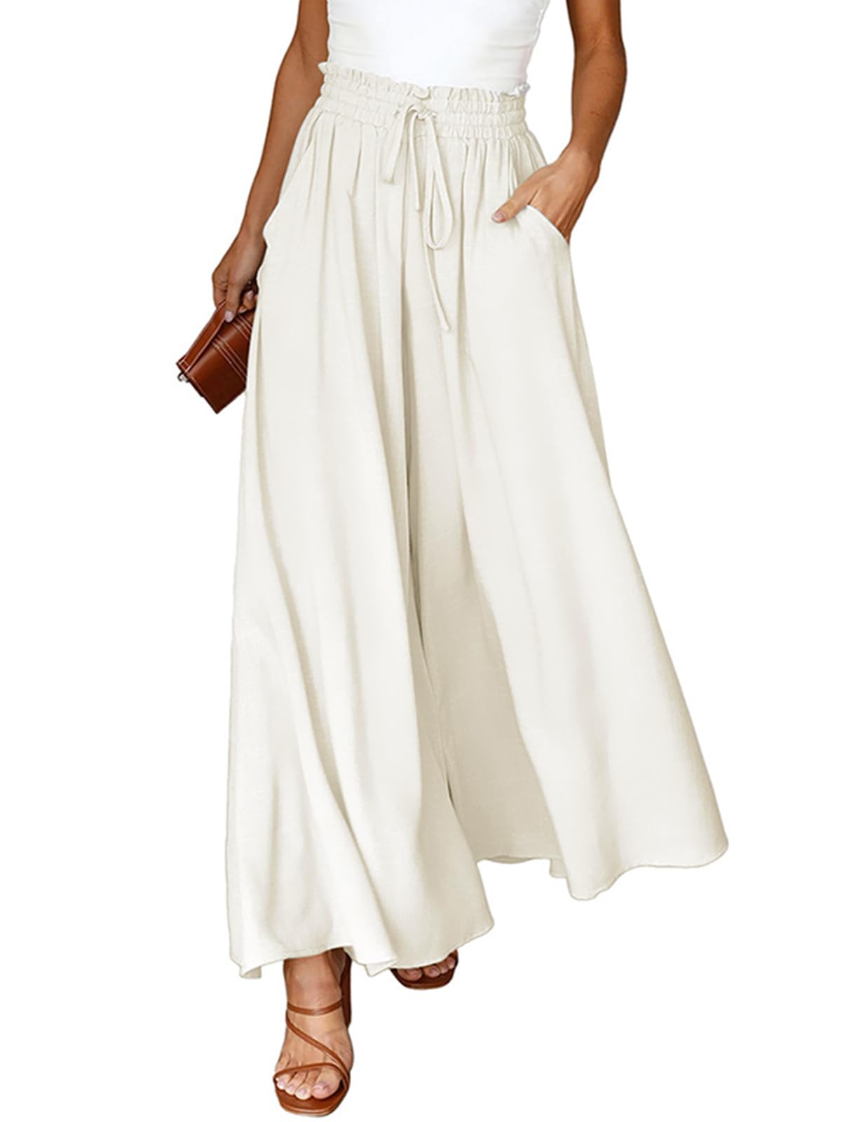 CMTOP Pantalones Mujer Palazzo Ligeros Elásticos Cintura Alta Casual Anchos Suelto Cómodos Flojo Playa Bolsillos Cordón