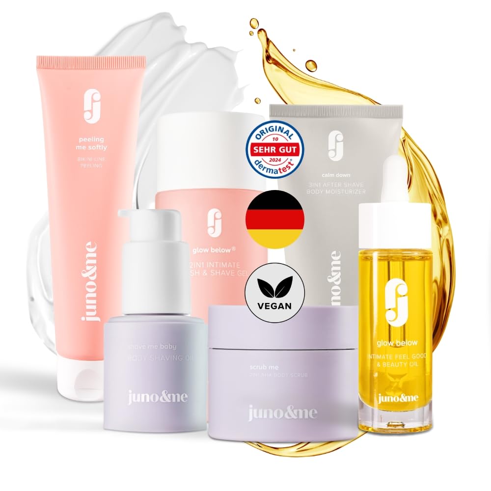 juno & me - All-in-One Set – Rasur- & Pflege-Routine mit AHA Körperpeeling, 2in1 Wash & Shave Gel, Body Shaving Oil, After Shave Moisturizer & Intimate Feel Good & Beauty Oil – vegane Körperpflege
