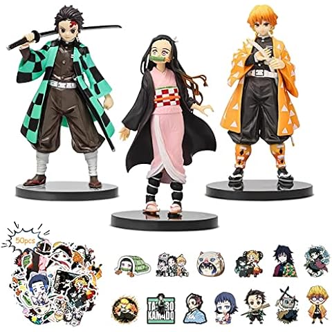 LIVESTN Demon Slayer Figure, Pack of 3 Anime Cartoon Figures with 50 Demon Slayer Sticker Pack, Anime Demon Character Model Gift for Fan, Characters Statue Collectibles Cover