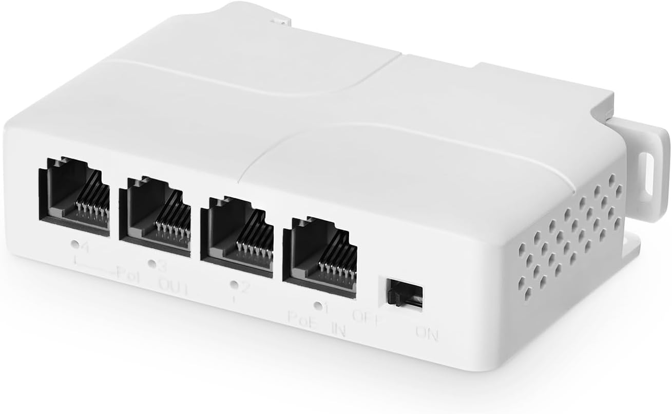 COOLCOLD 4 Port PoE Extender With 1 In 3 Out, Repeater Support IEEE802.3af/at, 100Mbps Ethernet Powered Passthrough Switch, Extend 100m(328ft), Wall and Din-Rail Mount (White)