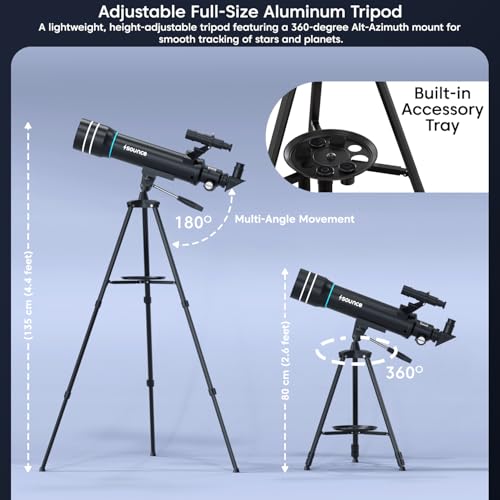 Image of Sounce Astronomical Refractor Telescope 70mm Objective Lens, 500mm Focal Length, 20X-150X High Magnification, Aluminum Alloy Build & Adjustable 135cm Stand for Kids, Adults & Astronomy Beginners