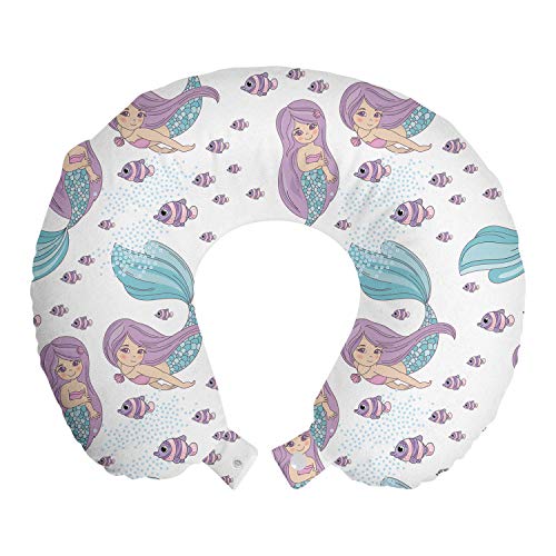 Ambesonne Meerjungfrau Reisekissen Nackenauflage, Unterwasser Fantasy Fisch Mädchen Frau Schwimmen Exotisches Märchen Cartoon, Memory Foam Reisezubehör für Flugzeug und Auto, 30,5 cm, Flieder Blau Cover