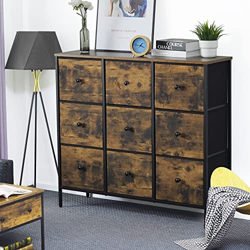 Dovamy Drawer Dresser With 9 Fabric Drawers, Dresser Storage Organizer For Bedroom,Closet,Nursery And Living Room,Wide Storage Tower Unit With Steel Frame,Chest Of Drawers, Wooden Top, Rustic Brown #TOP1