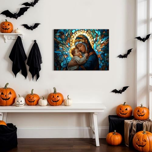 Image of Virgin Mary Wall Art for Living Room Our Lady Hold Baby Jesus Pictures Wall Decor Retro Abstract Guadalupe Canvas Prints Spiritual Catholic Painting Artwork Bedroom Church Home Decorations 12x16 inch