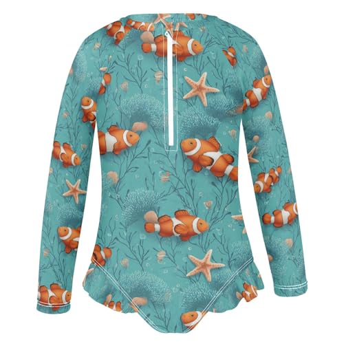 ALAZA Clownfish Starfish Blue Coral Reef Girls One Piece Swimsuit Long Sleeve Rash Guard Swimsuits UV 50+ Swimwear Zipper2