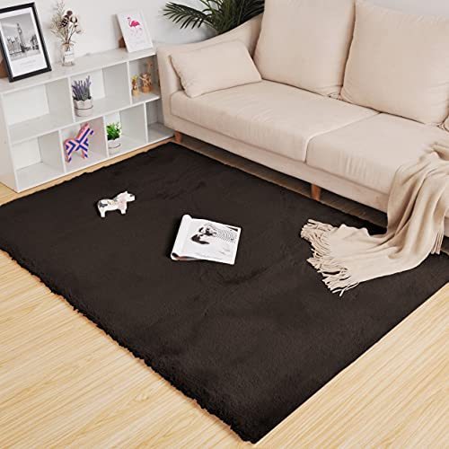 Image of Luxe Home Rabbit Fur Soild CarpetSuper Soft, Anti-Slip, Washable, Rectangle, for Livingroom Rug, in Bedroom Rug (Chocolate, 4x6 Feet)