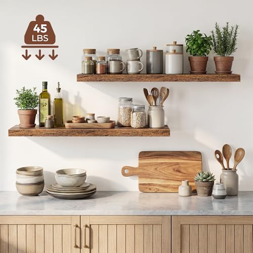 Image of Dreamland 40 Inches Floating Shelves for Wall, 9.3 inch Deep Long Floating Shelves Set of 2, Large Display & Storage Shelf, Wall Shelf for Bathroom Bedroom Living Room Kitchen Office, Rustic Brown