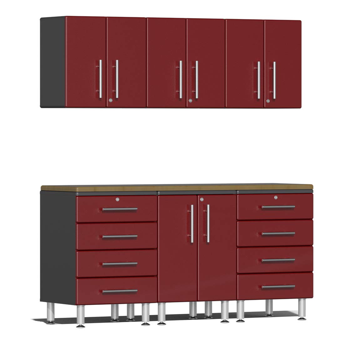 Ulti-MATE UG22072R 7-Piece Garage Cabinet Kit with Bamboo Worktop in Ruby Red Metallic