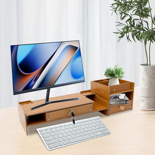 Soporte para monitor de madera, accesorios de escritorio, 2 cajones, soporte de madera con 6 compartimentos, elevador de pantalla, escritorio para ordenador portátil, 48 x 20 x 10,5 cm