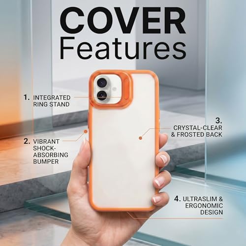 Image of amazon basics Frosted Matte Case for iPhone 17 | Built-in Flip-Out Camera Lens Stand | Translucent Back with Contrast Orange Bumper | Shockproof Protective Cover with Foldable Kickstand